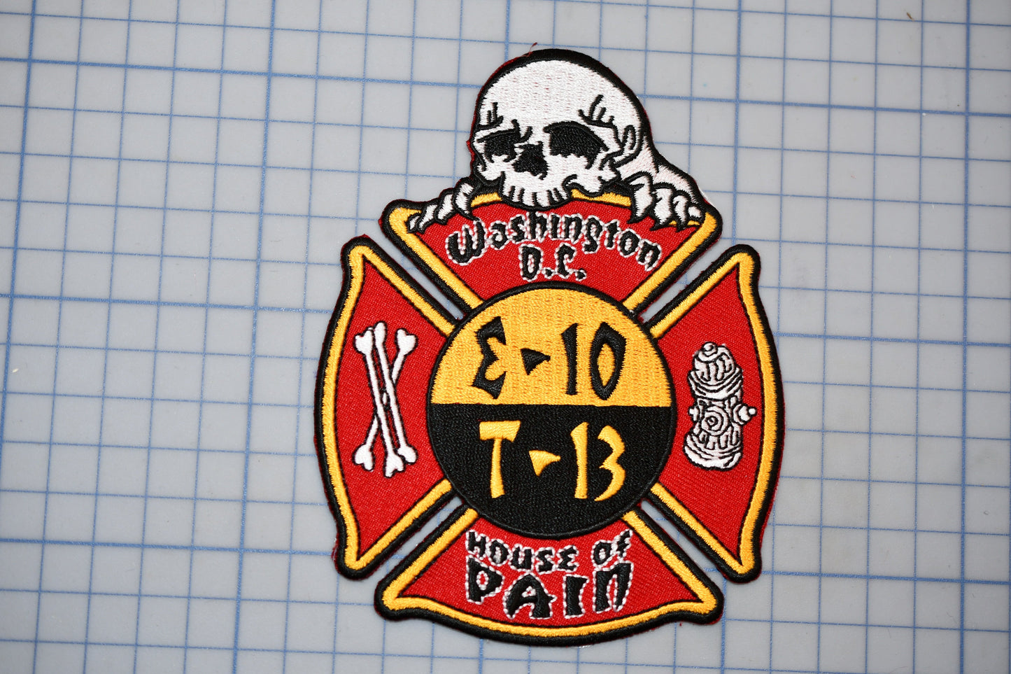 a patch with a skull and crossbones design, along with some text and symbols.