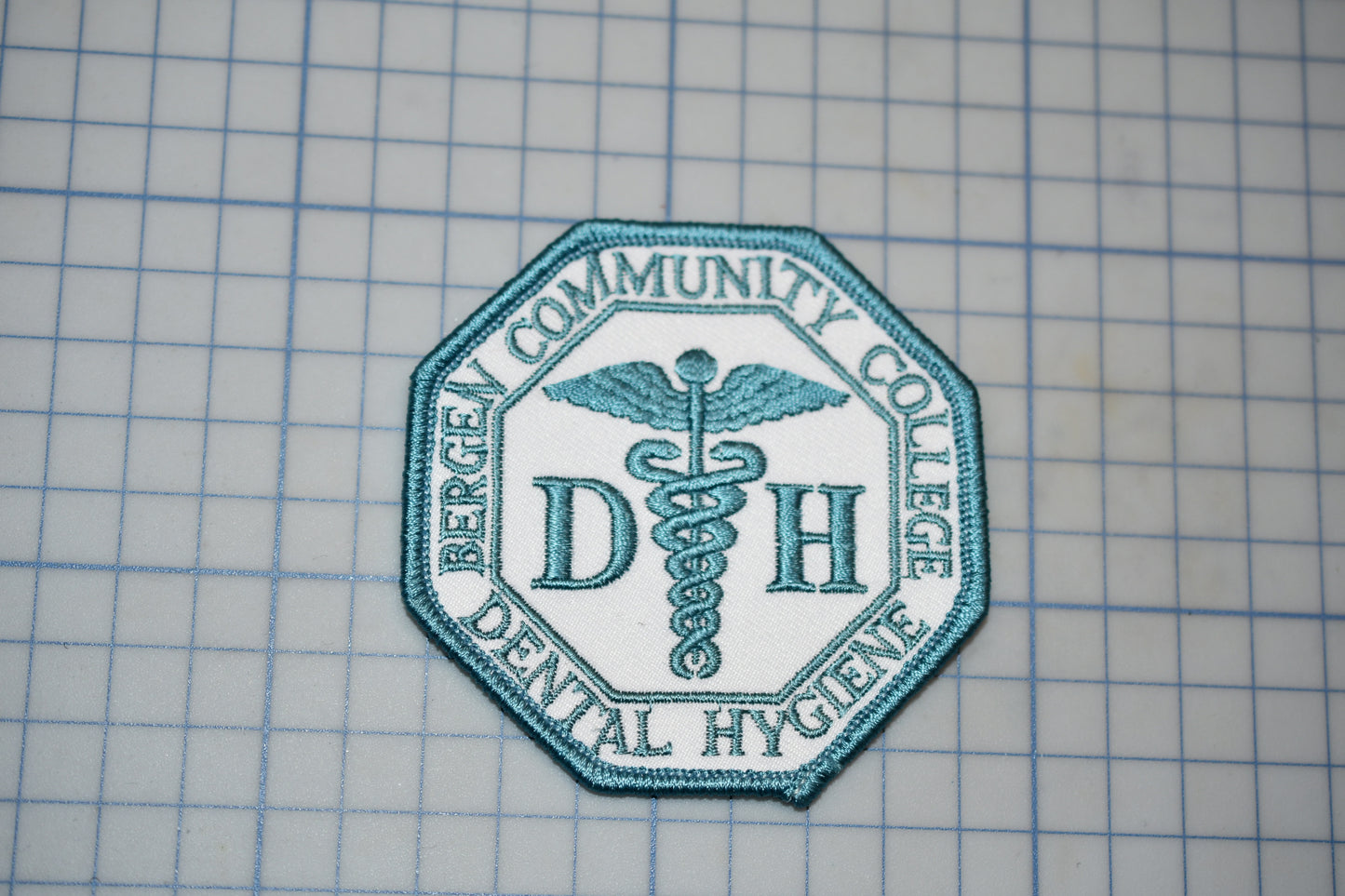 a patch with the text "Dental Hygiene" and a medical symbol, likely representing a college or institution related to dental hygiene.