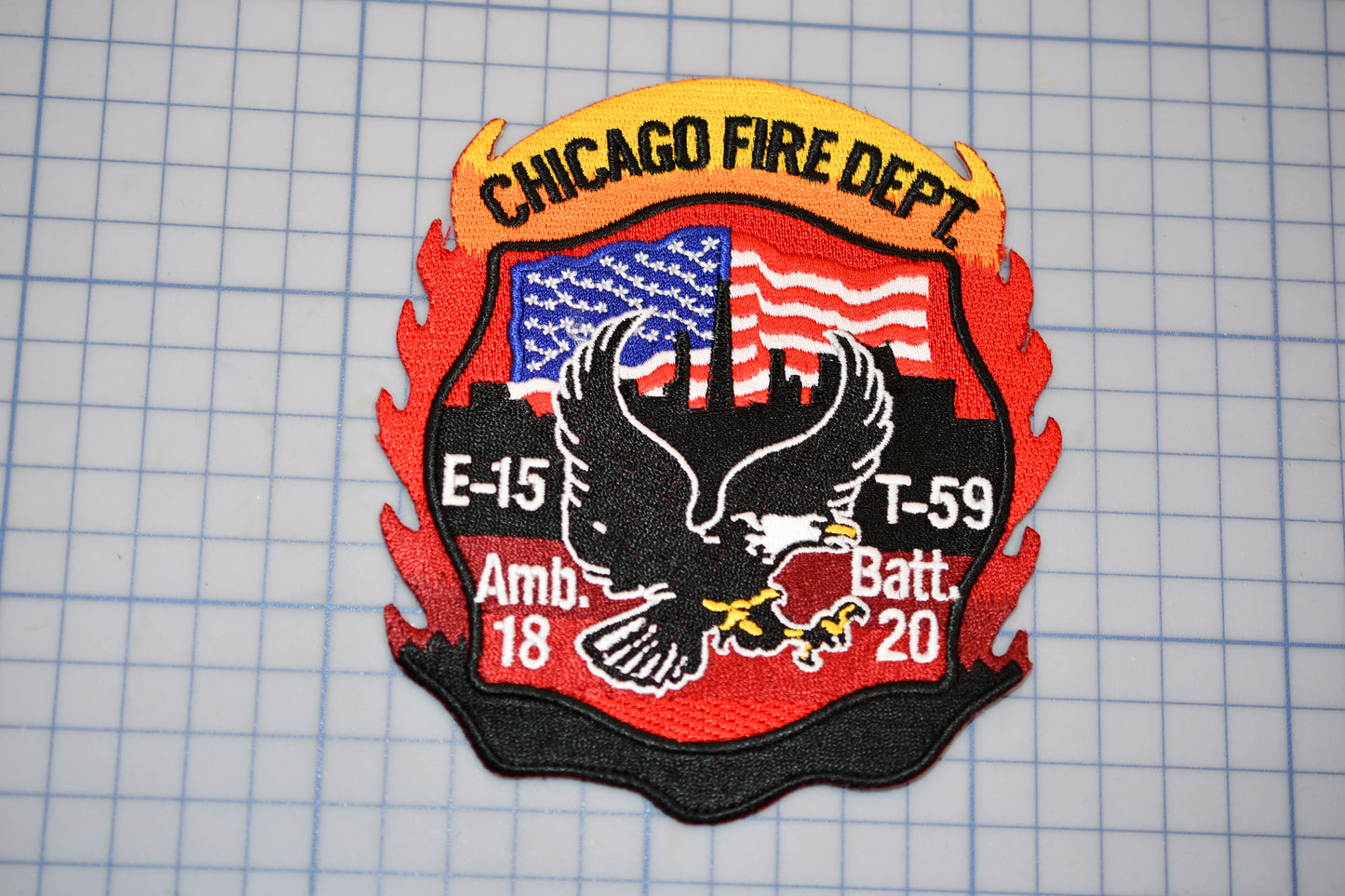 a chicago fire department patch on a cutting board