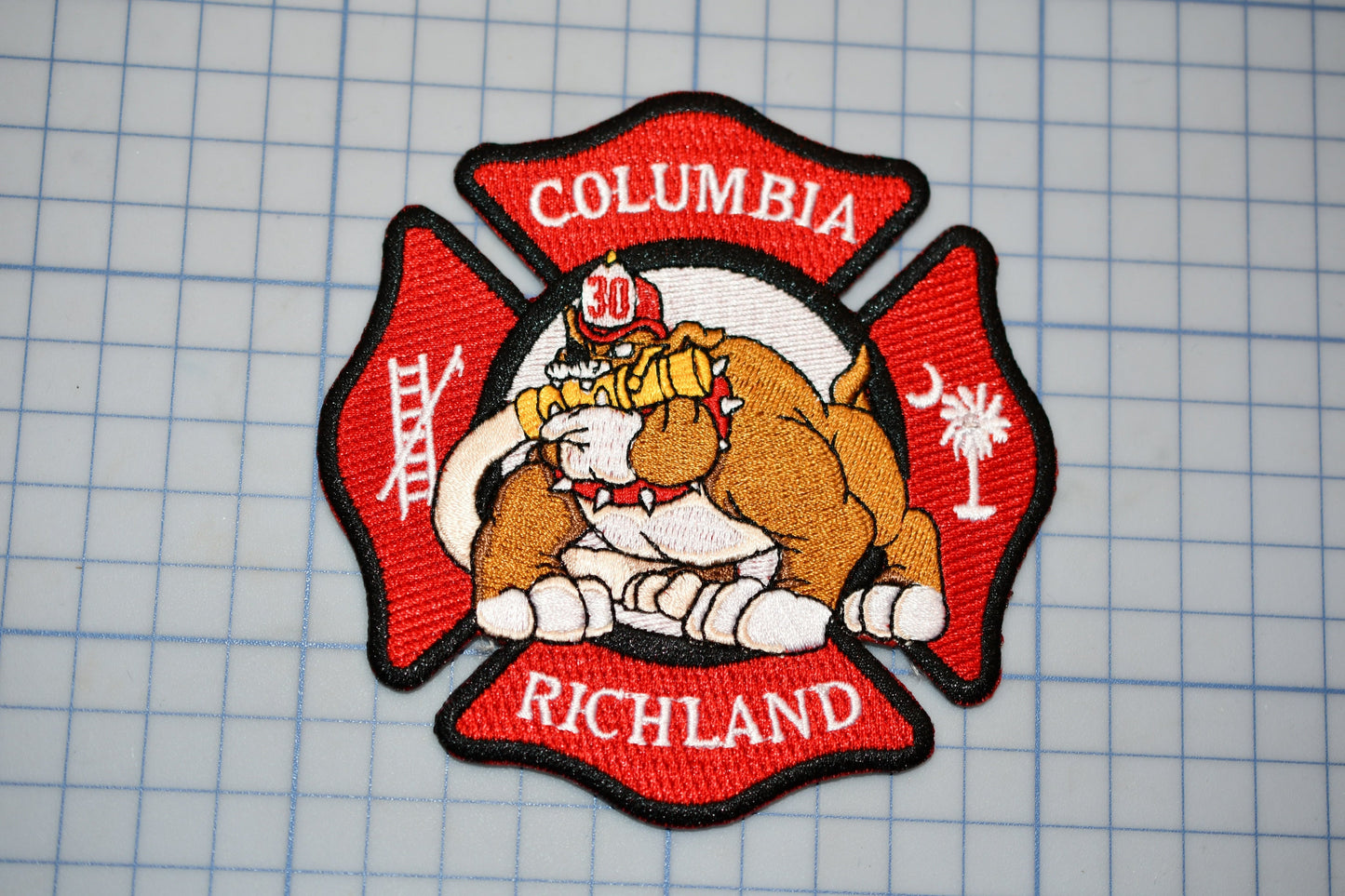 a picture of a patch with a dog on it