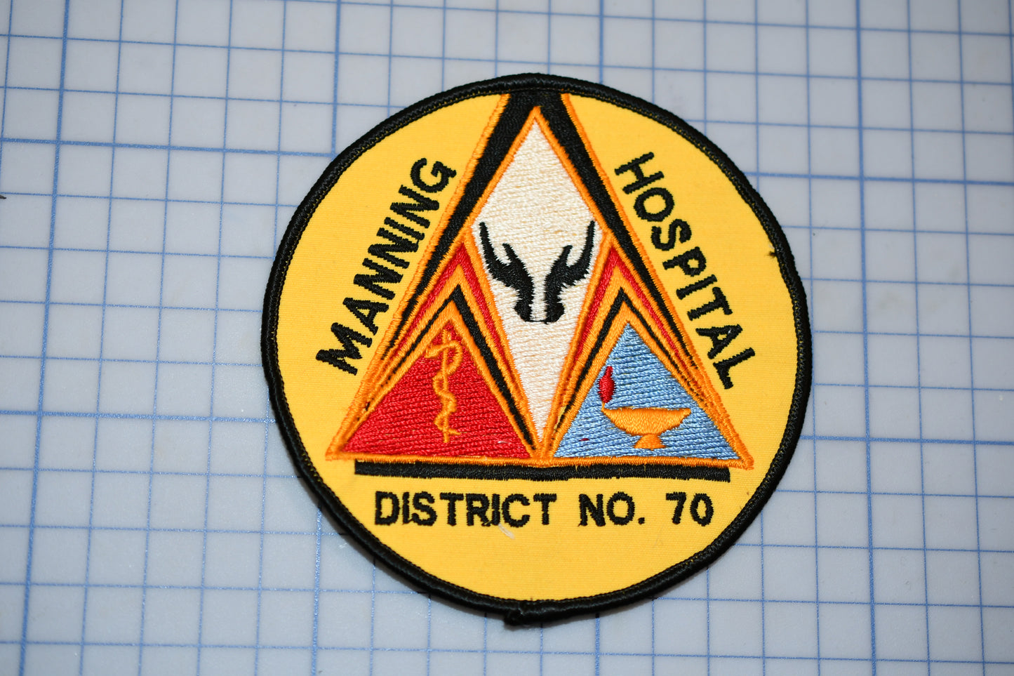 a circular patch with a design that includes a triangle, a symbol, and text. The patch is placed on a grid background.