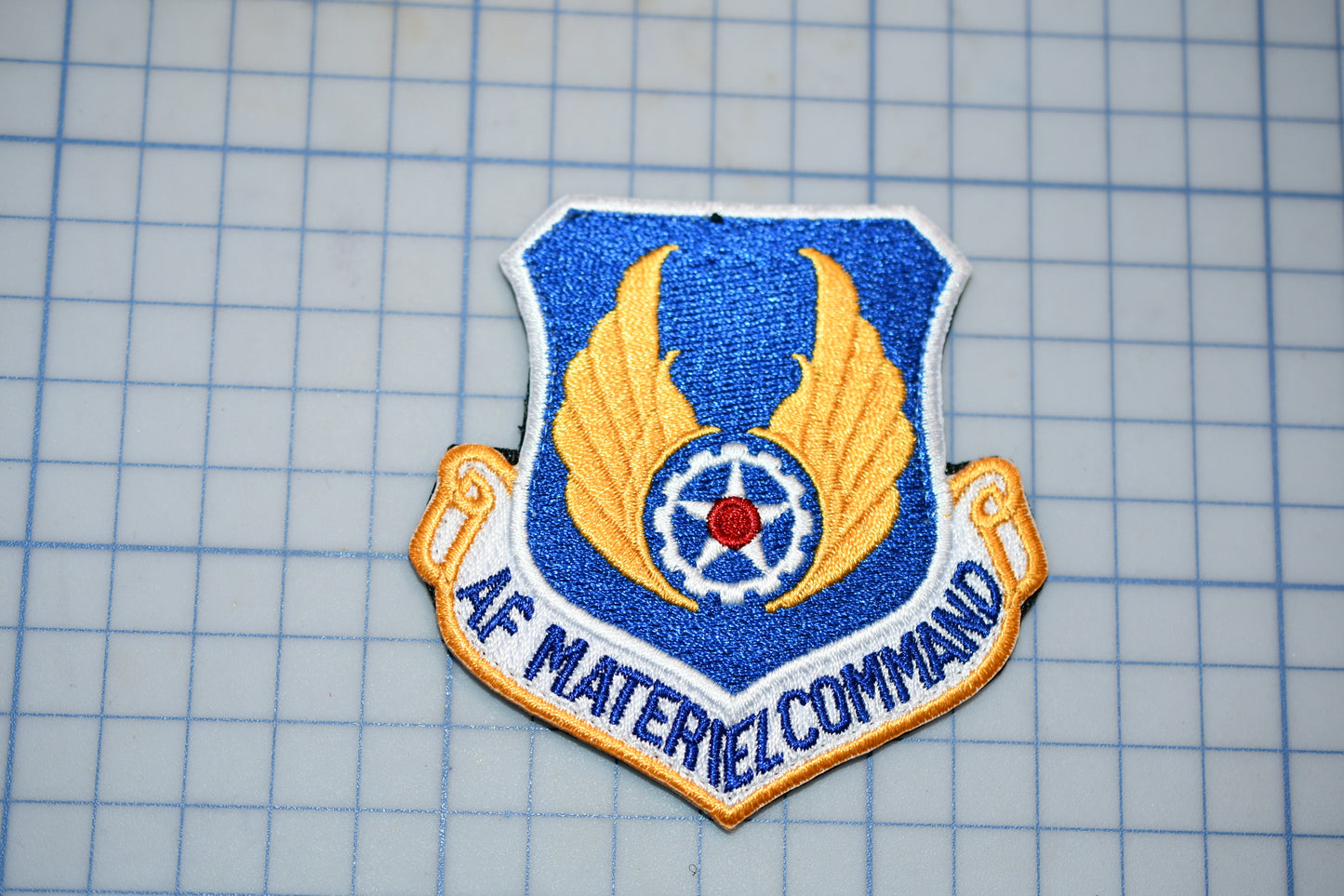 a blue and gold military insignia with wings and a star, which appears to be a patch or emblem.