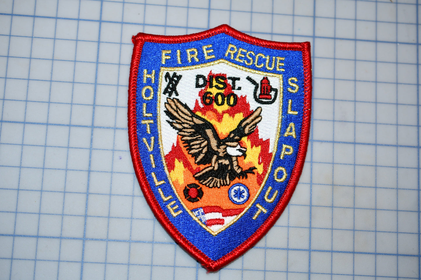 A fire rescue district 600 patch with an eagle and flames, representing the Holliville Fire Rescue District 600.
