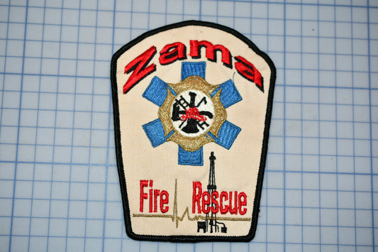 a patch with the text "Zama Fire Rescue" and a fire rescue symbol, including a fire hydrant and a fire truck.