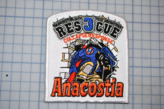 a patch with the text "RESCUE" and "COLLAPSE RESPONSE" printed on it, along with an illustration of a person in a blue and orange outfit. The patch is set against a grid background.