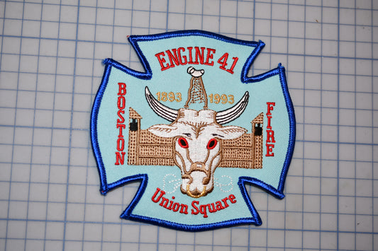 a fire department patch with a bull's head and the text "Engine 41 Boston Fire Union Square" on it.