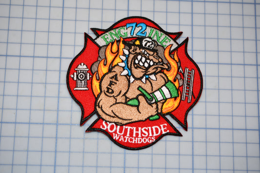 a patch of a fireman with a fire hose
