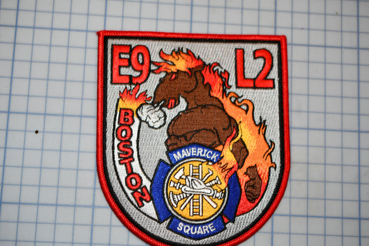 a fire department patch with a brown horse and flames, representing the Boston Fire Department.