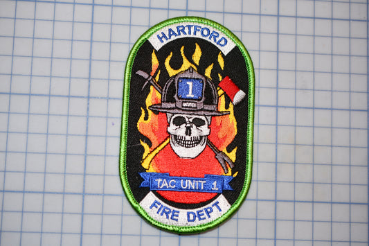 a patch with a firefighter's helmet and a skull, representing the fire department of Hartford.