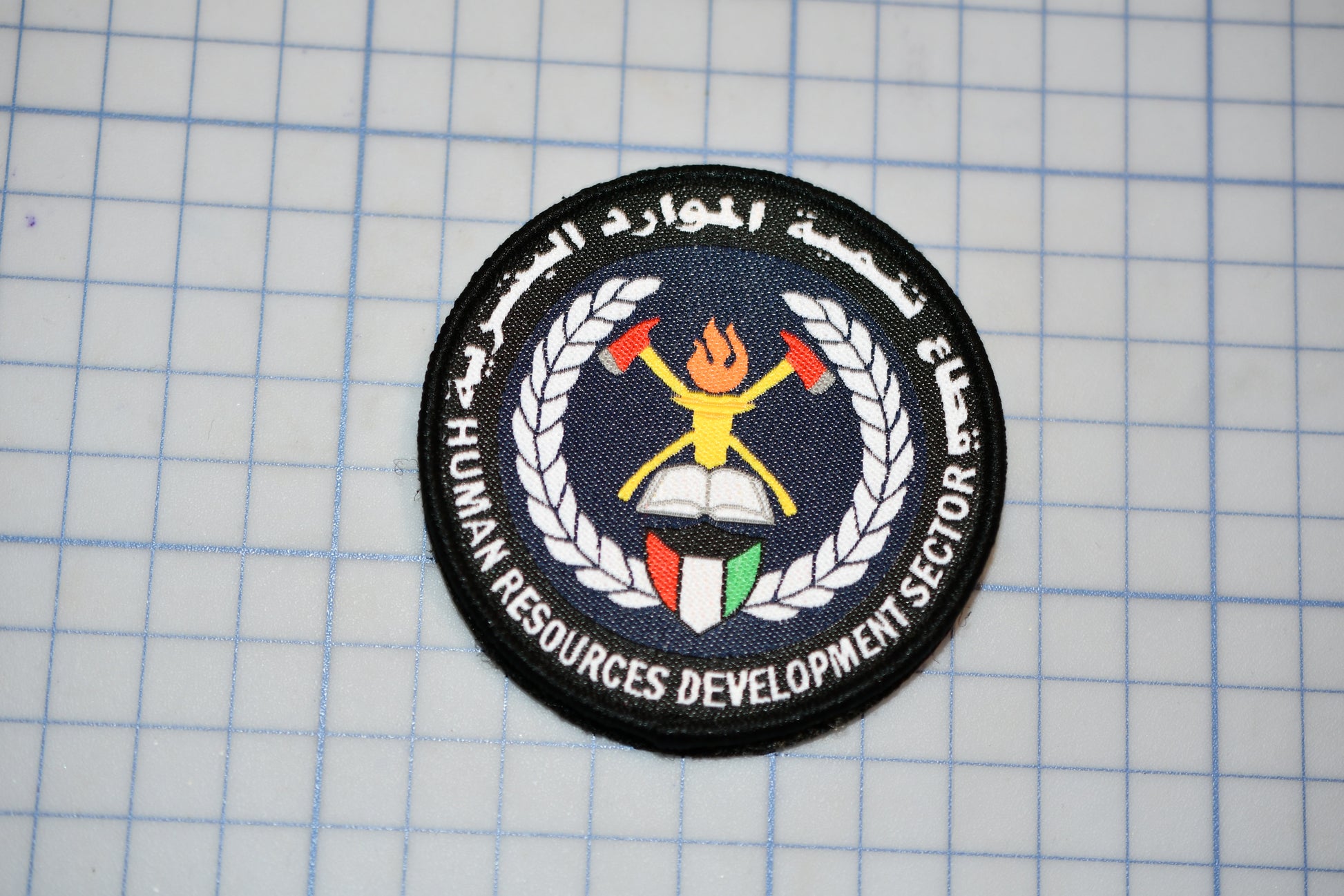 a circular patch with a black border, displaying a logo with a flame and a book, surrounded by a laurel wreath.