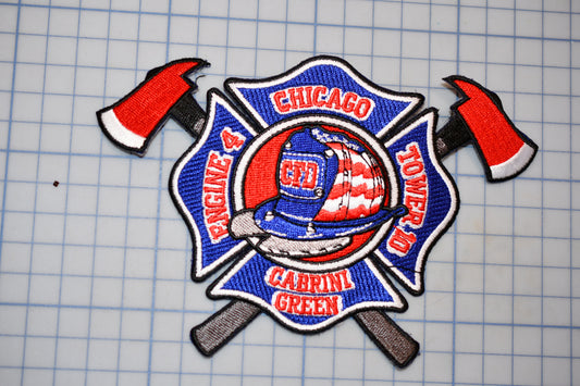 a patch with a fire department emblem, including a helmet and two crossed axes, representing the Chicago Fire Department.