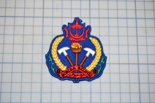 a blue and red badge with a shield design, surrounded by a grid pattern.