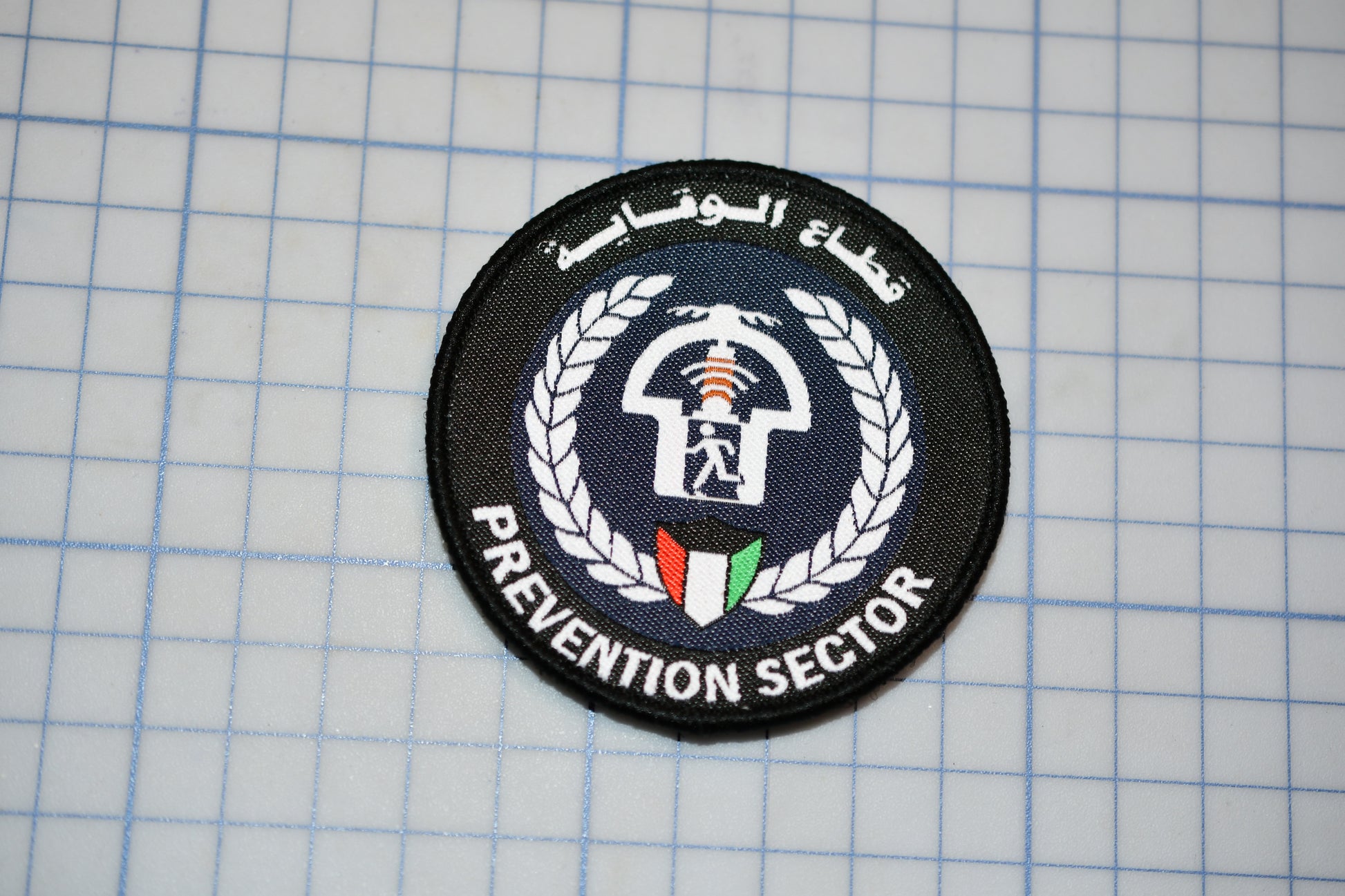 a circular patch with a logo and text, placed on a grid background.