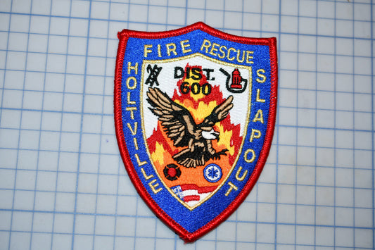 A fire rescue district 600 patch with an eagle and flames, representing the Holliville Fire Rescue District 600.