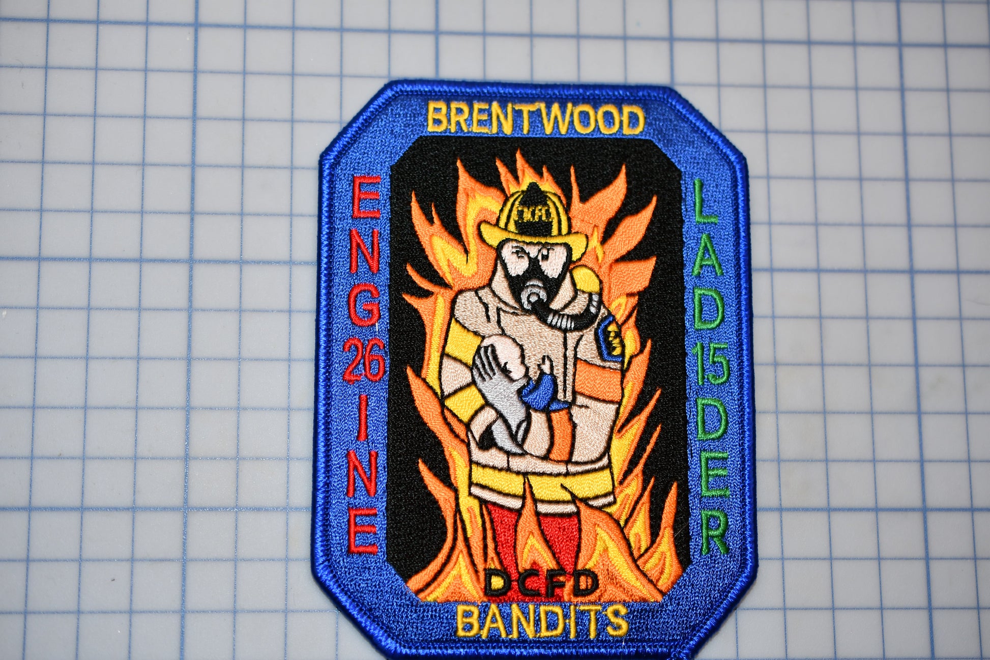 a patch with a picture of a firefighter holding a dog