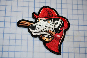 a patch of a dog wearing a fireman's hat