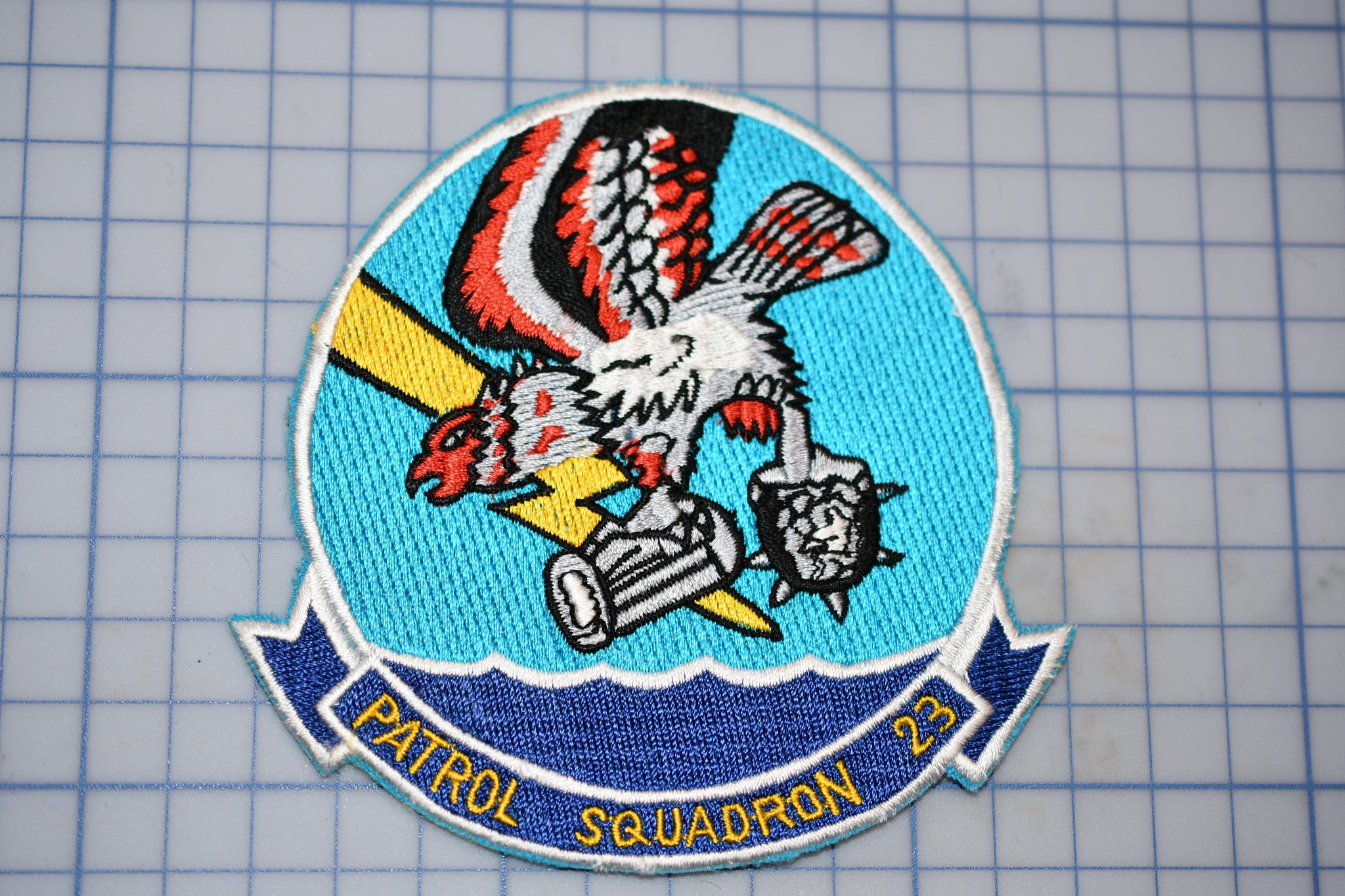 a patch with a picture of an eagle on a surfboard