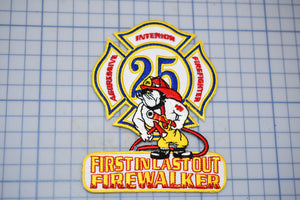 a sticker of a fireman with a fire hose